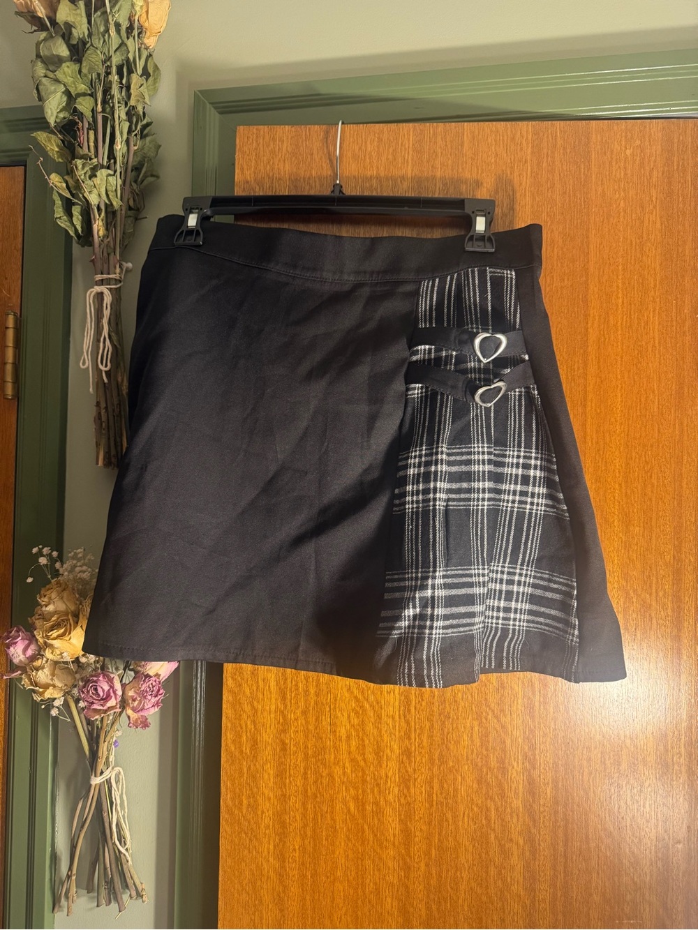 Black Plaid Accent Mini Skirt with Heart Buckles